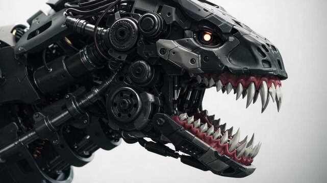 Futuristic robotic dinosaur with metallic textures and artificial intelligence glow, a terrifying