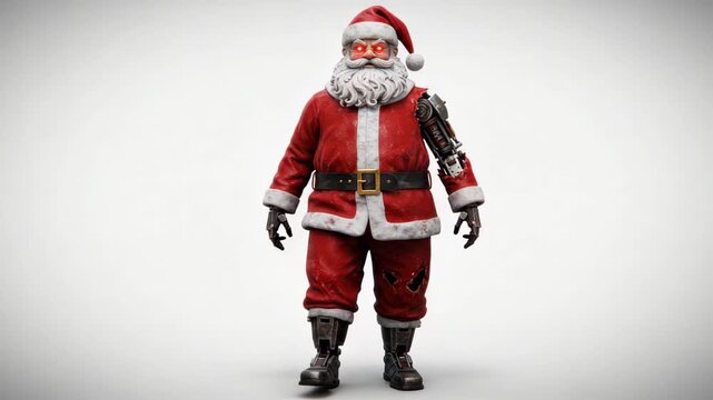 Futuristic robotic santa claus concept, isolated santa claus is standing posing on a white