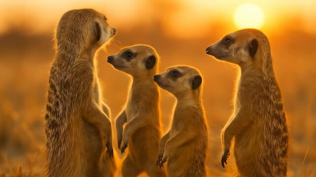 Meerkat Family Surveying the Desert Landscape at Sunset