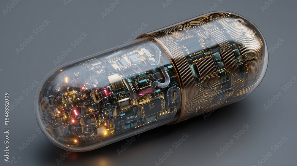 Aufkleber a see-through capsule, filled with a miniature circuit board and embedded tech, resting on a surface