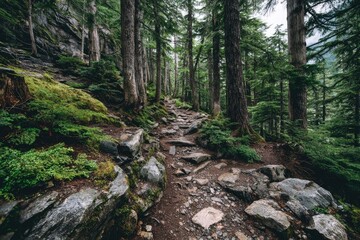 Hiking trail through a dense, mossy forest