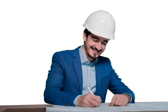 Smiling architect in helmet drawing plans, green screen. - Powered by Adobe