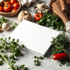Blank white book cover mock-up on an italian kitchen table surrounded by fresh herbs and italian ingredients book mockup blank template isolated book professional presentation blank empty  cre
