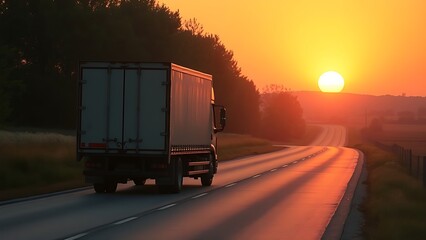 Delivery truck traveling a rural road bathed in golden sunset light, creating a warm and distant scene.