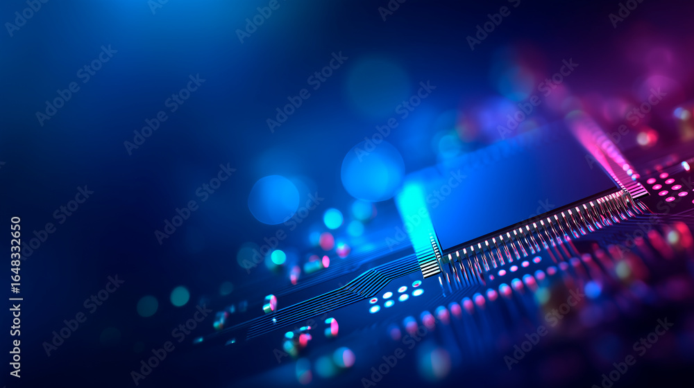 Poster quantum ai computer on gradient blue background.