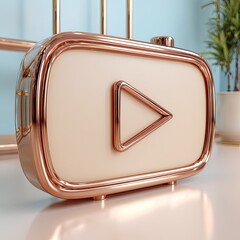 Rose gold play button icon on a cream colored rectangle