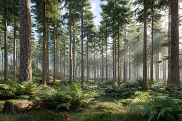 Obraz premium Sunlit forest floor, tall pines, ferns