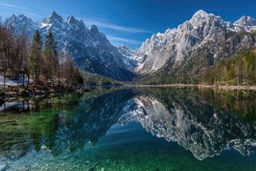 Alpine lake mirroring snow-capped peaks
