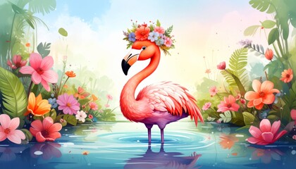 Obraz premium 3D style little flamingo wearing a flower crown standing in shallow water 