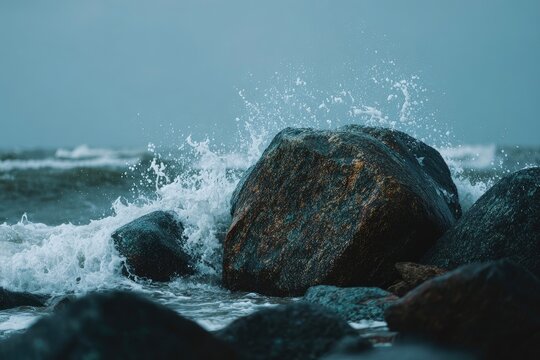 Stormy waves crashing over dark rocks