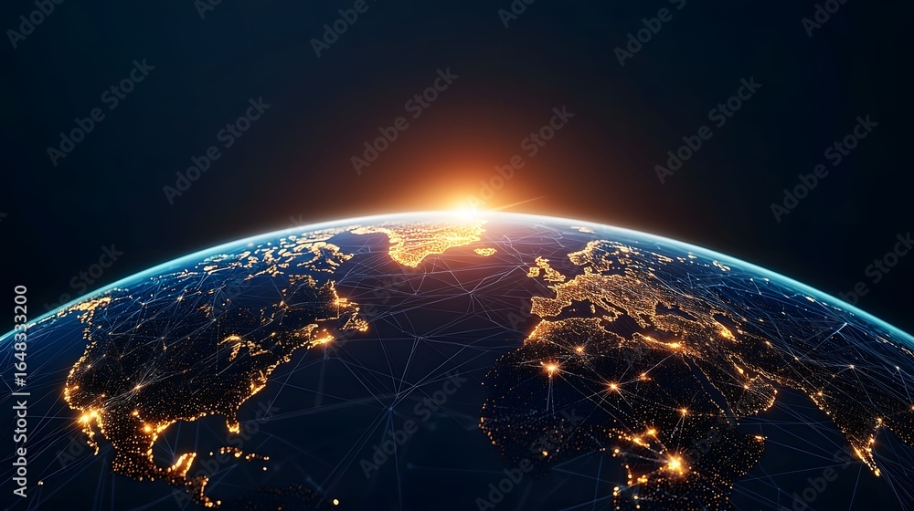 Poster this is a stylized digital rendering of earth at night, with networks represented by connecting line
