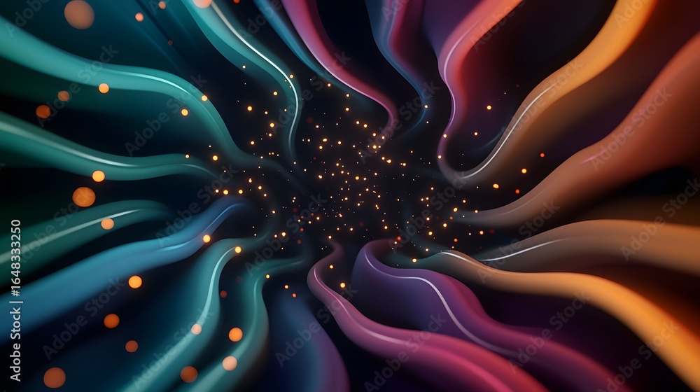 Poster the image showcases an abstract swirling pattern with multicolored waves emanating from a central po