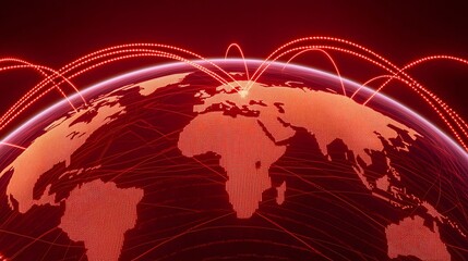 The image depicts a red dotted world map with bright red lines arching over it, suggesting global connections and networks on a deep red backdrop with a high-tech feel.