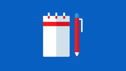 Flat design illustration of a notepad and pen on a blue background