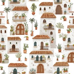 Obraz premium Seamless Pattern of Mediterranean White Stucco Houses with Terracotta Roofs, Iron Balconies, Potted Succulents, and Watercolor Palms
