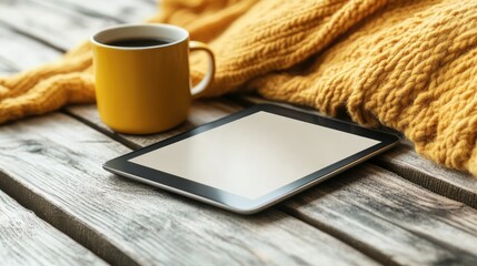A yellow mug of coffee sits beside a tablet on a rustic wooden surface, partially covered by a cozy mustard-yellow knitted throw. The tablet screen is blank