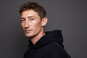 Obraz premium Confident man wearing black hoodie mockup, dark background studio portrait