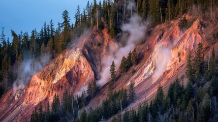 Steep colorful cliffs surrounded by dense evergreen trees with rising steam, mystical atmosphere,