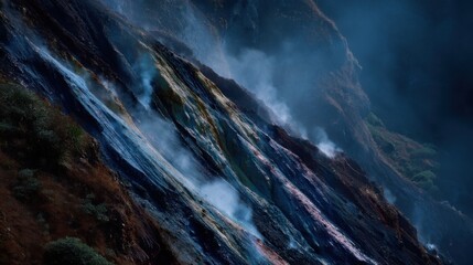 Fototapeta premium A mountainous region with colorful mineral deposits and steam vents,