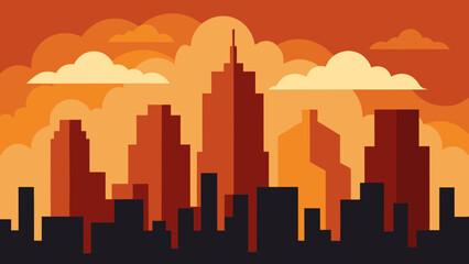 Obraz premium Stylized city skyline at sunset with orange clouds
