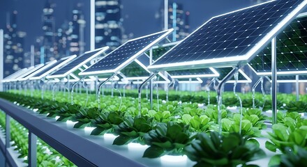Fototapeta premium Futuristic urban farming with solar panels and hydroponics for sustainable agriculture