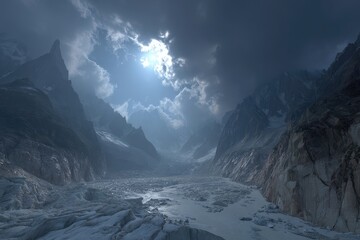 Mountainous glacial valley bathed in pale light