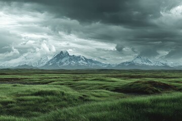 Fototapeta premium Vast grassy plains stretch beneath a dramatic mountain range, dramatic clouds loom overhead