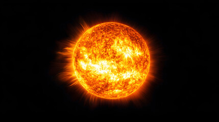 Fototapeta premium A bright orange sun radiates light against a dark black background.
