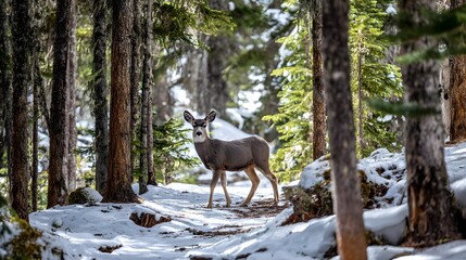 Naklejka premium A deer stands on a snowy forest path.
