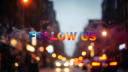 Colorful "Follow Us" text overlayed on a blurred urban night scene. - Powered by Adobe
