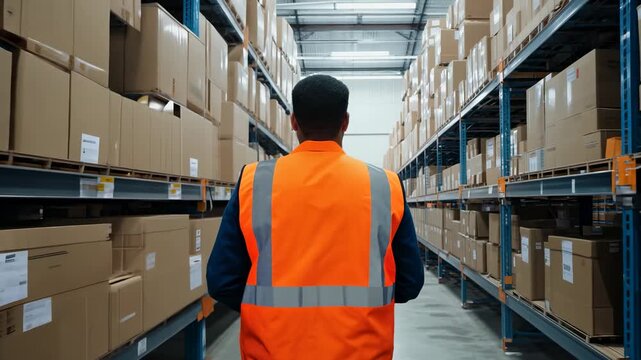 Back view of a warehouse worker stands in a postal warehouse. A postal worker stands with their back turned, surrounded by parcels and boxes.