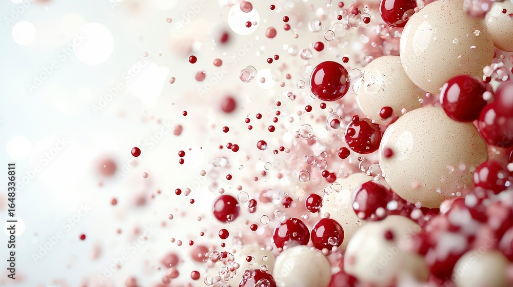 Poster abstract red and white spheres in motion with sparkles creating a dynamic visual background