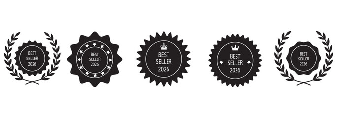 Set of badge best seller, best choice, best price, best quality. Gold logo design with wreath laurel. Vector template