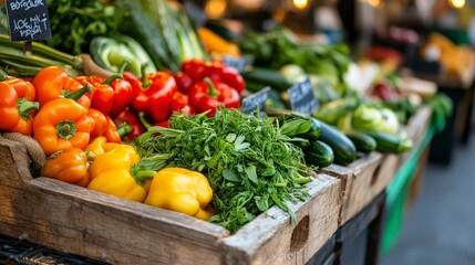 Fresh Organic Vegetables Displayed at Outdoor Market with Colorful Produce and Abundant Greenery