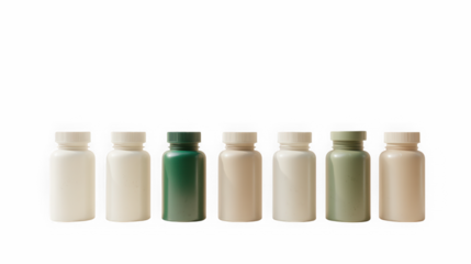 Minimalist lineup of seven matte supplement bottles in green and pastel shades on light background