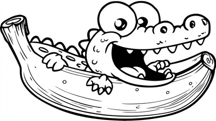 Cartoon alligator floats happily inside a banana peel