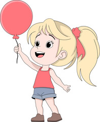 Happy cartoon girl holding red balloon