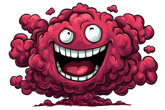 Funny cartoon nuclear explosion cloud with big creepy smile, colorful comic style illustration for humor, memes, and pop culture inspired designs