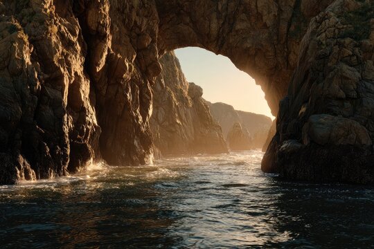 Sunlit archway through rocky coastal cave