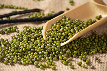 green mung beans on table.