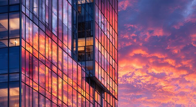 Modern glass skyscraper at sunset.  Reflective panels capture the vibrant hues of a fiery sky