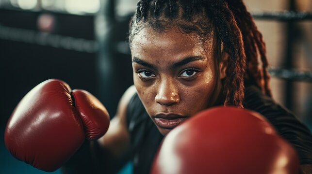 Focused Female Boxer with Braids in Boxing Ring - Powered by Adobe