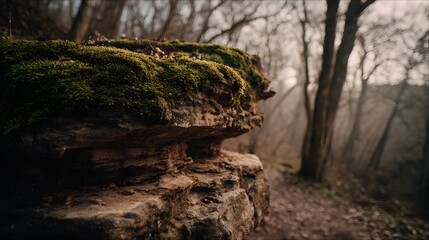 Fototapeta premium Moss-covered rock formation in a wooded area.
