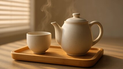 Minimalist White Ceramic Teapot with Steam – Elegant Product Photography