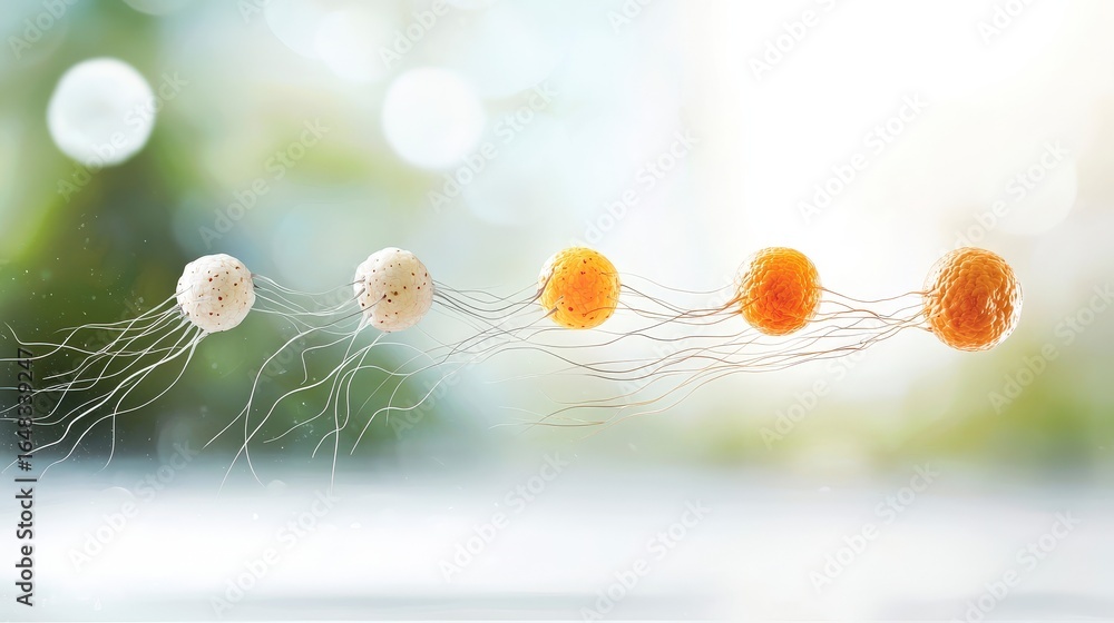 Poster abstract representation of biological cells with tails resembling sperm against a soft bokeh backgro