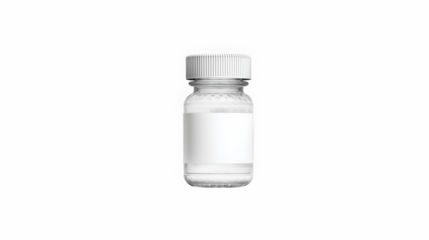 Clear glass pill jar with white cap and blank label for transparent pharmaceutical or supplement packaging