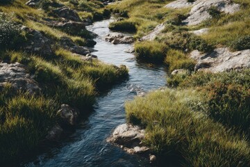 Mountain stream flowing through grassy terrain