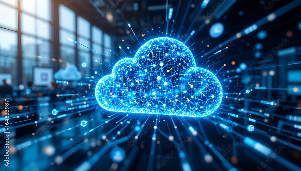 Poster dynamic cloud computing concept with glowing blue network connections for modern technology solution