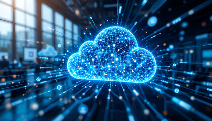 Dynamic cloud computing concept with glowing blue network connections for modern technology solutions