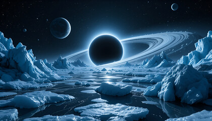 A serene cosmic landscape featuring icy terrain and a ringed planet in space